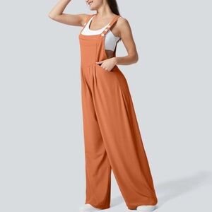 Halara Jumpsuit Orange Waffle Knit Wide Leg Overalls Jumper Women's L